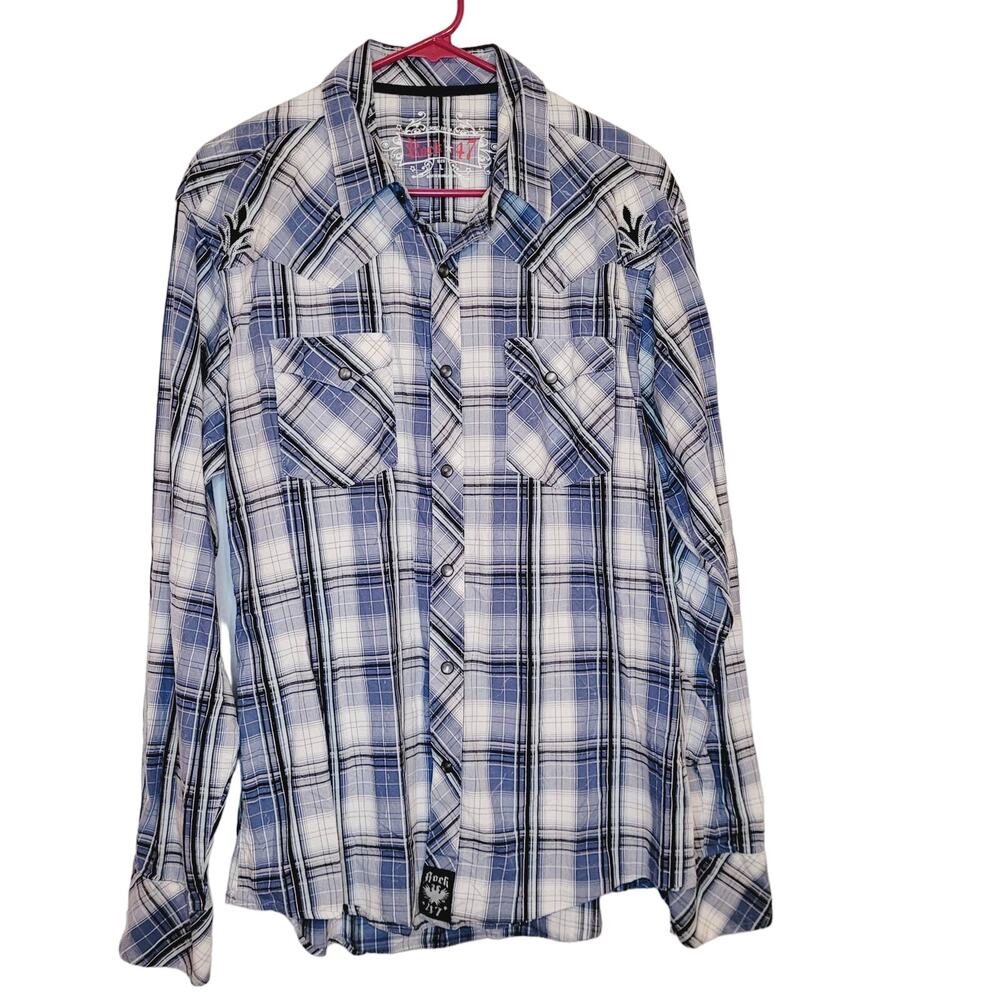 Wrangler Rock 47 Mens blue plaid embroidered pearl snap button western shirt